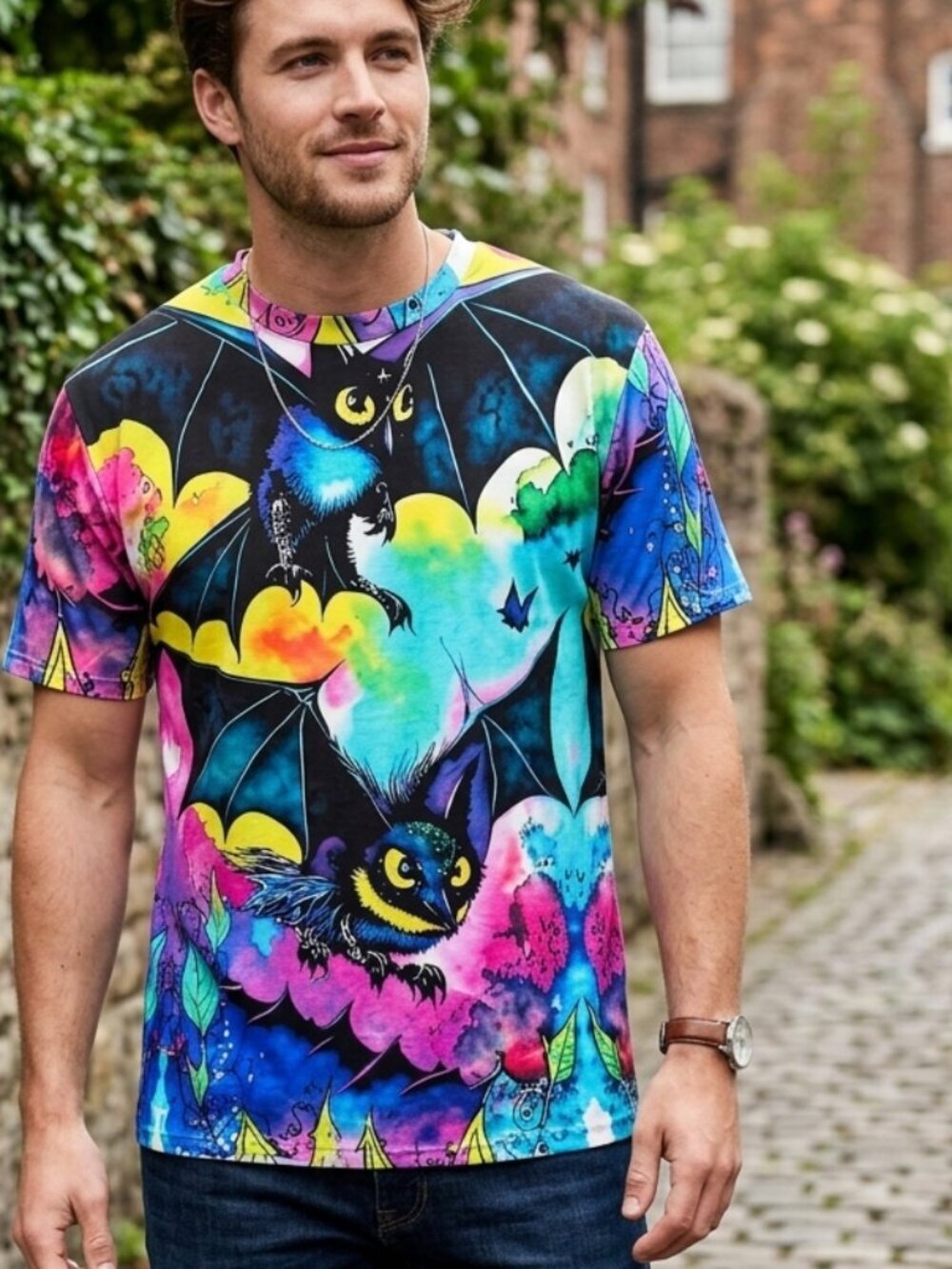 Bats Cartoon Watercolor Cotton Tee Shirt Tall Unisex Women Man XL Men Tall Large